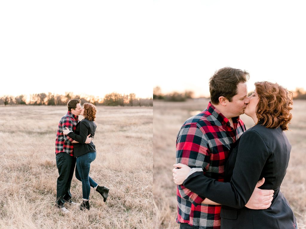 Grapevine Engagement Session Kissing in Open Field at Sunset