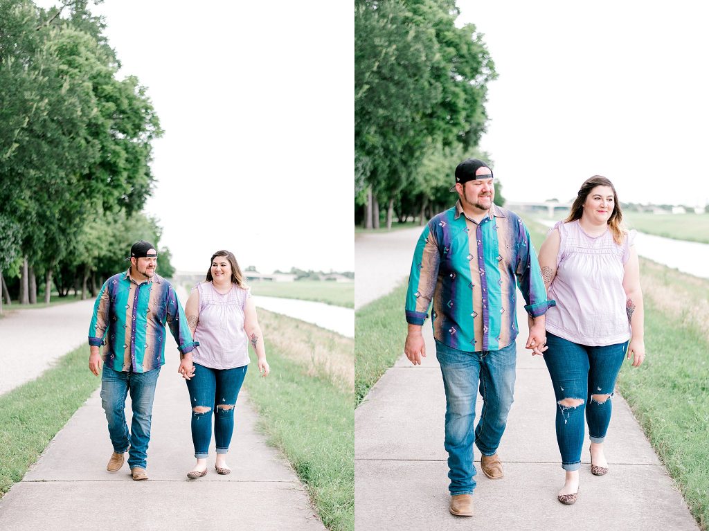 Fort Worth Engagement Session with couple walking beside the river
