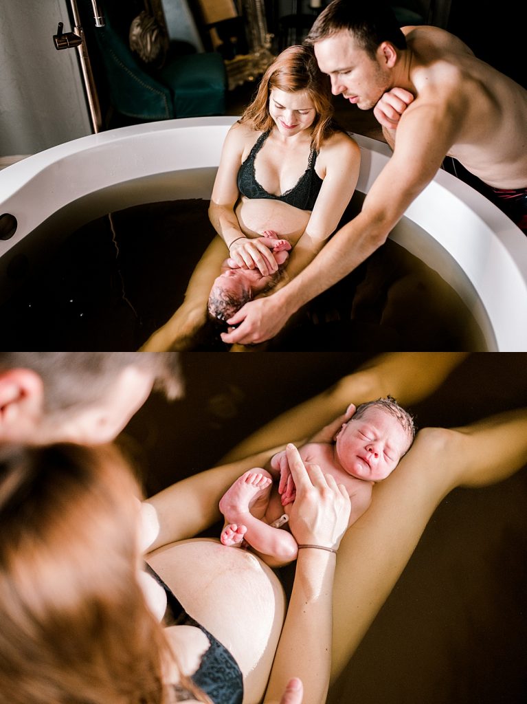 mom and dad admiring newborn baby Luke in bath
