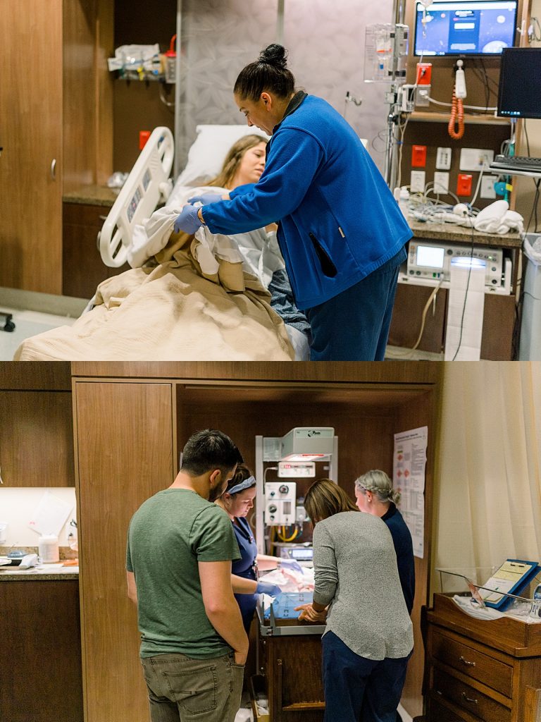 Nurses cleaning and measuring newborn baby at Texas Health Presbyterian Hospital