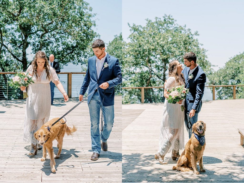 Bride and groom walking with 'best dog'