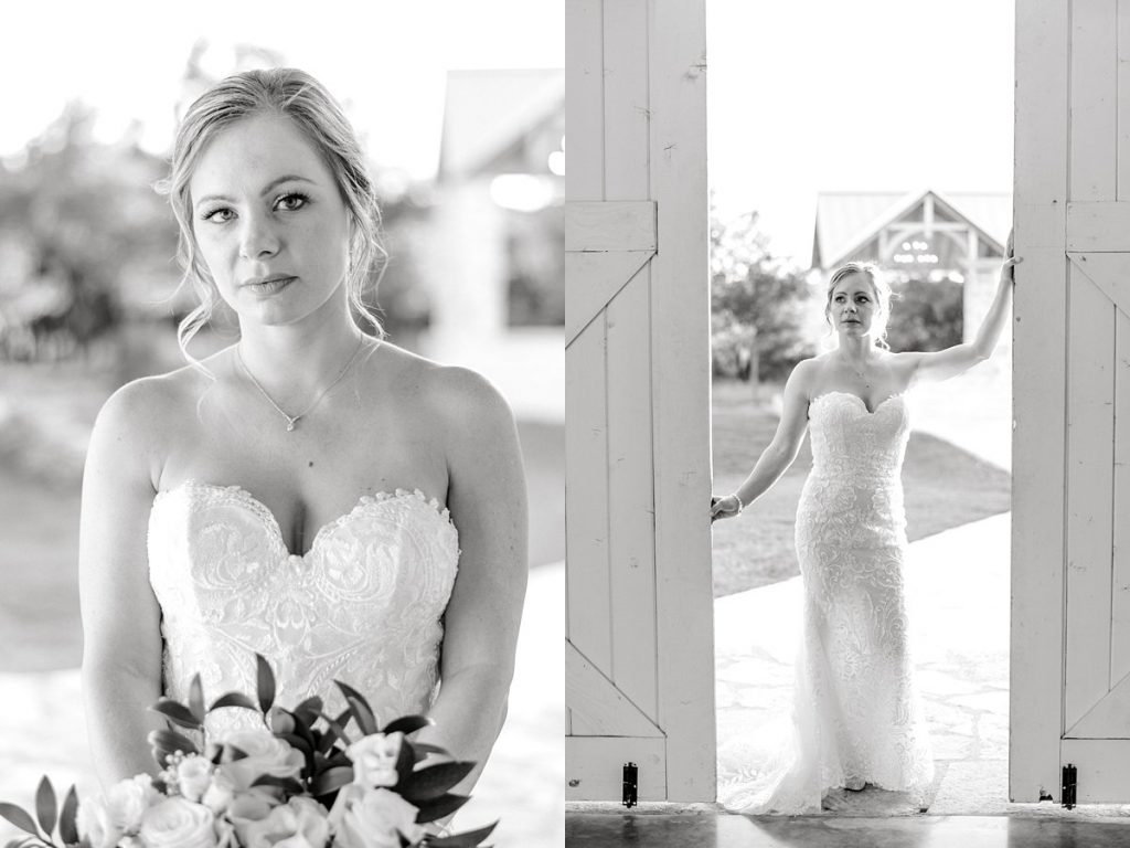 BW bride standing in bard doorway in Five Oaks Farms Bridal Sessio