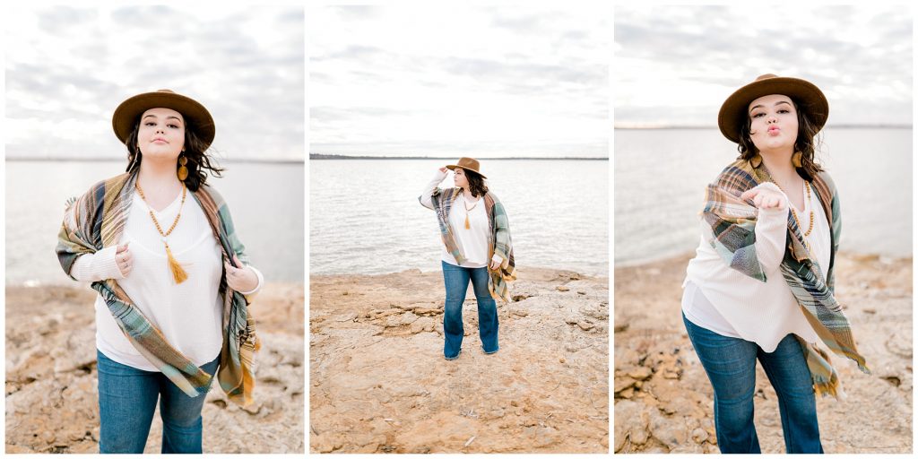 Girl blowing kisses by lake in 2020 senior session