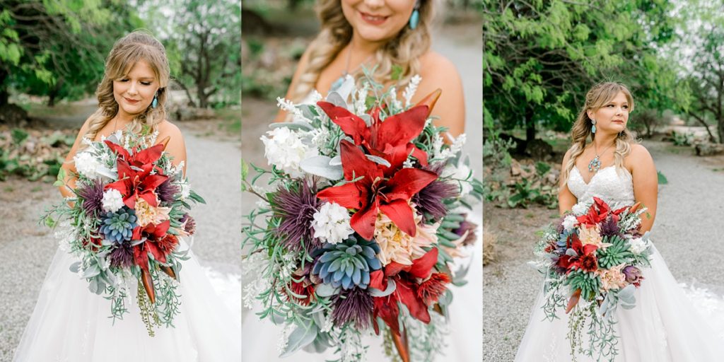 Bride standing with wildflower succulent bouquet
