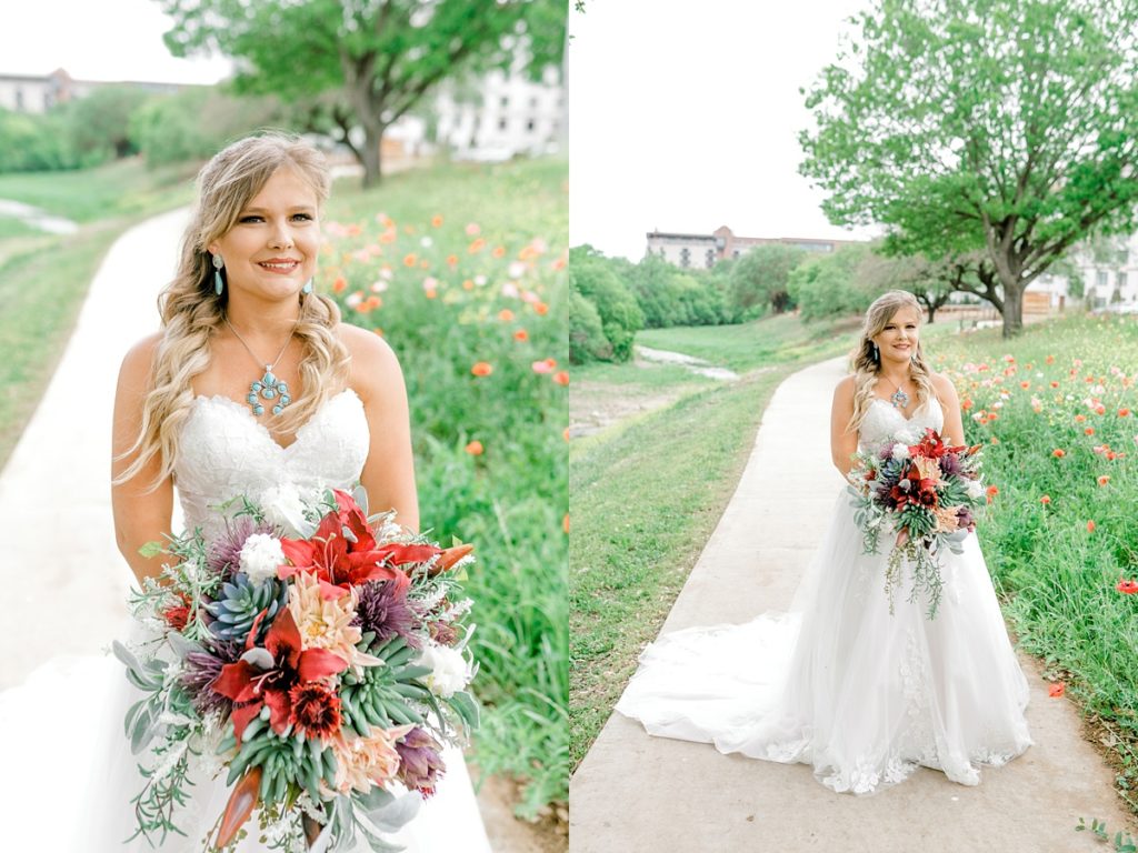 Bride walking down path with wildflower succulent bouquet
