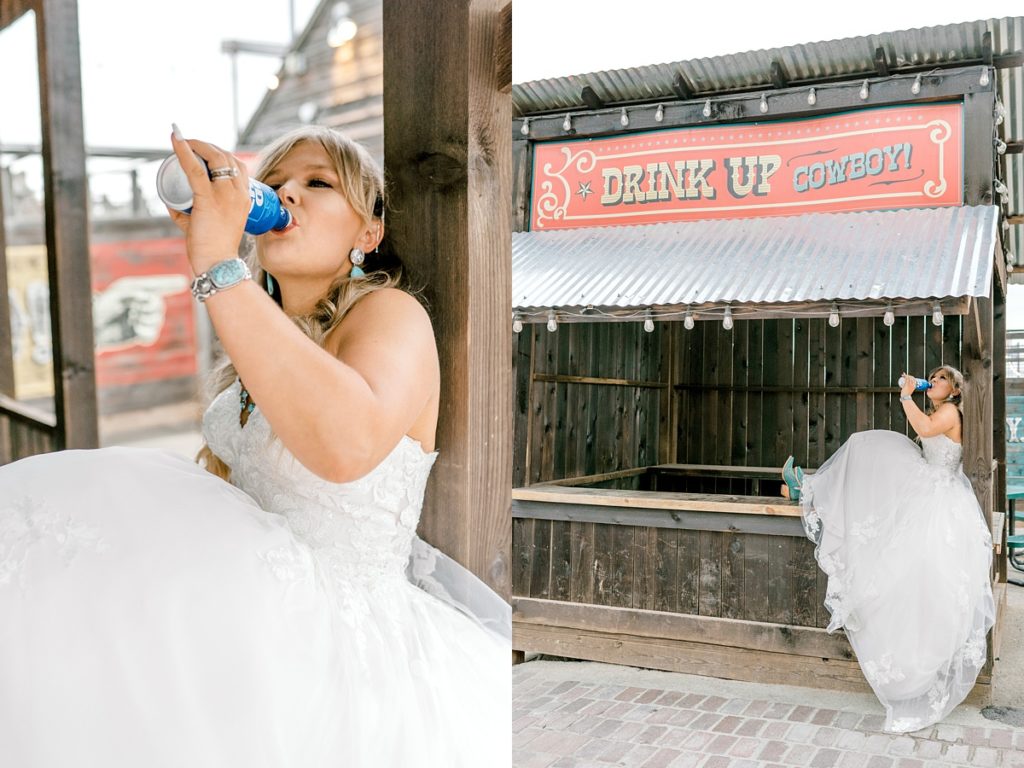Bride sitting on booth drinking a beer in Fort Worth Stockyards bridal session