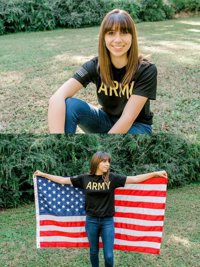 Girl wearing American flag and ARMY shirt for Texas senior session