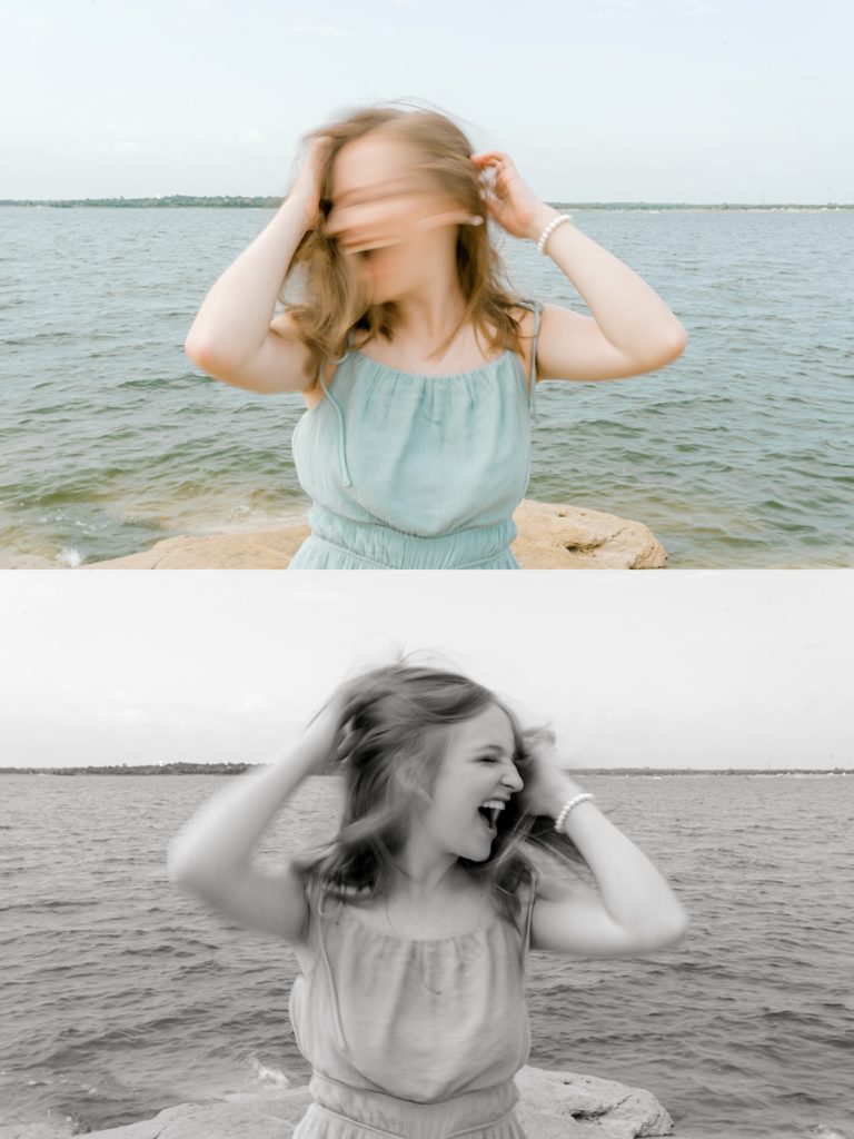 blur pics of girl shaking head back and forth in Fort Worth TX senior session