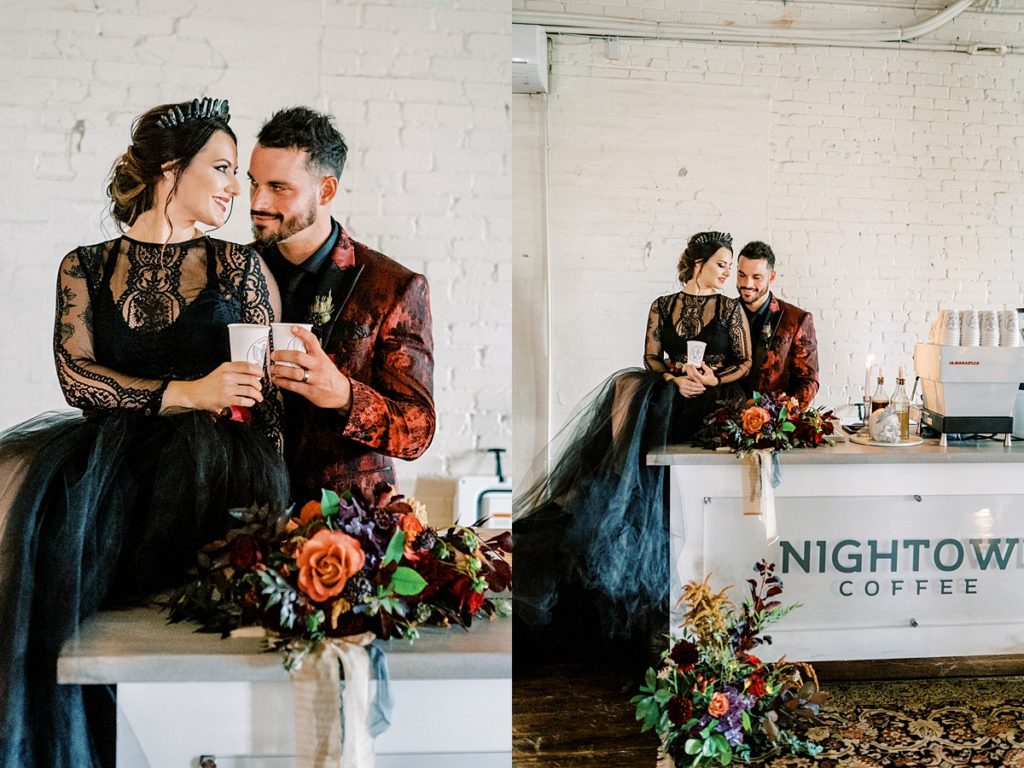 bride and groom sharing night owl coffee for elopement the Brik Texas