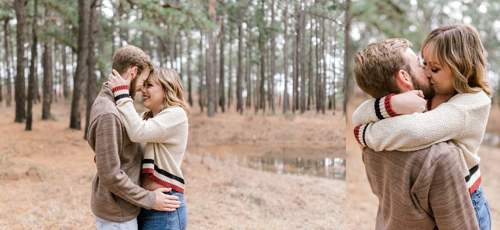 engagement photo with bride and groom snuggling in pine trees