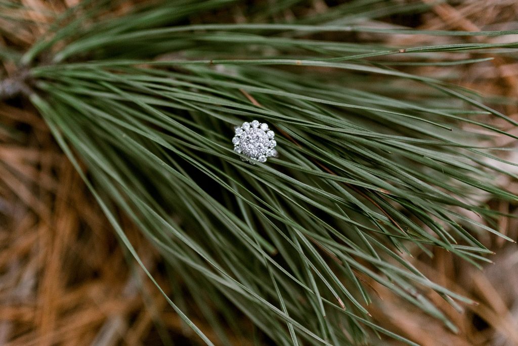 wedding ring with pine trees