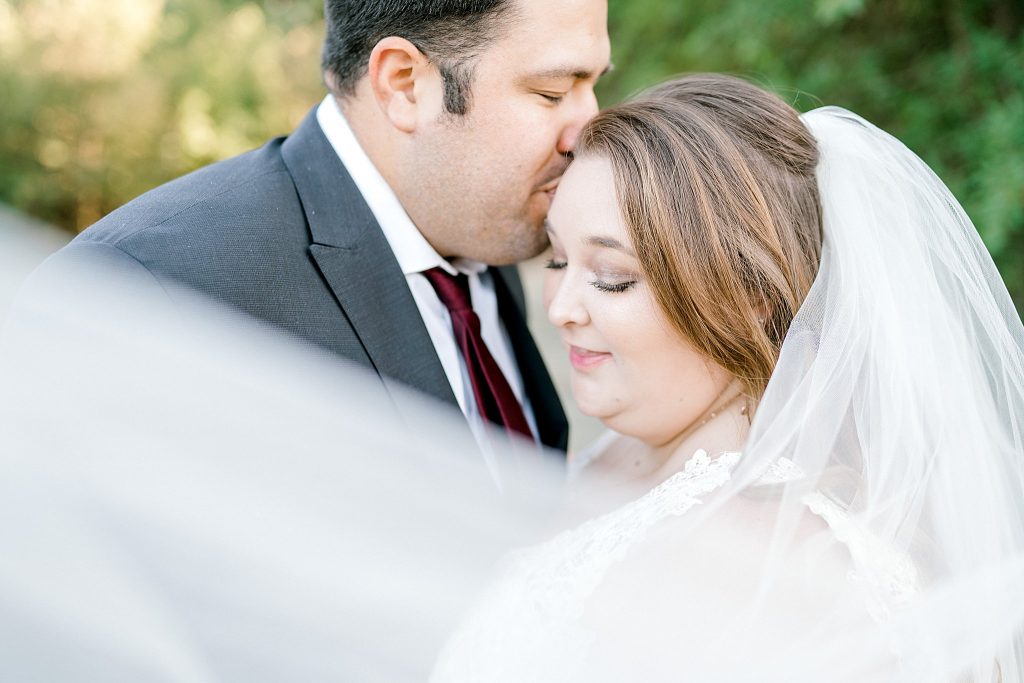 Groom kissing his bride while the wind catches the veil during their Mansfield anniversary session 