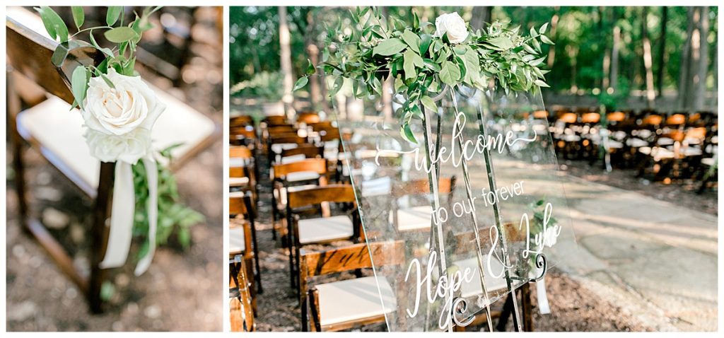 Welcome wedding reception sign and rose decor on chair- Sabel Moments Photography-Outdoor wedding