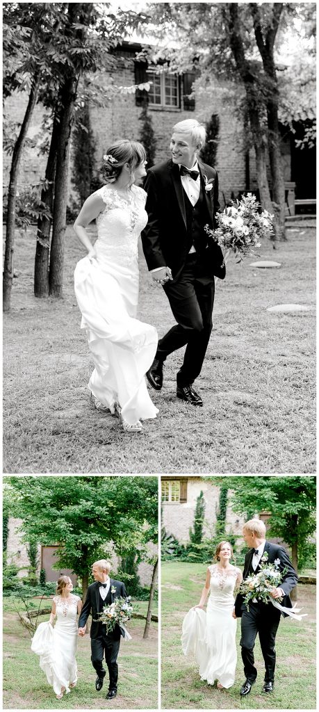 Bride and groom holding hands and running at Hidden Waters Events Wedding| Sabel Moments Photography