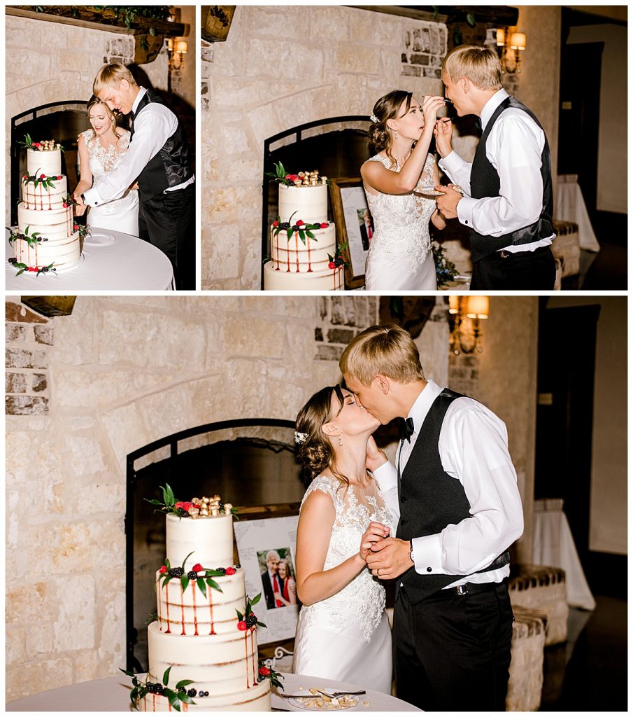 Bride and groom cut wedding cake and kiss at Hidden Waters Events| Sabel Moments Photography
