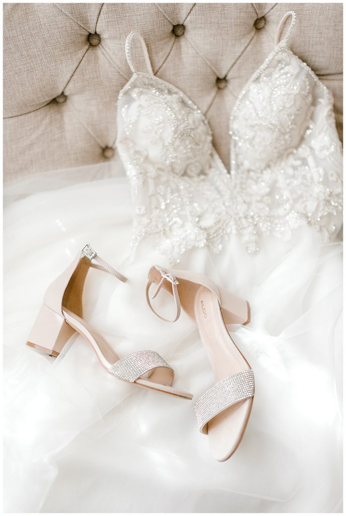 Deep V beaded scrappy wedding gown & wedding heels