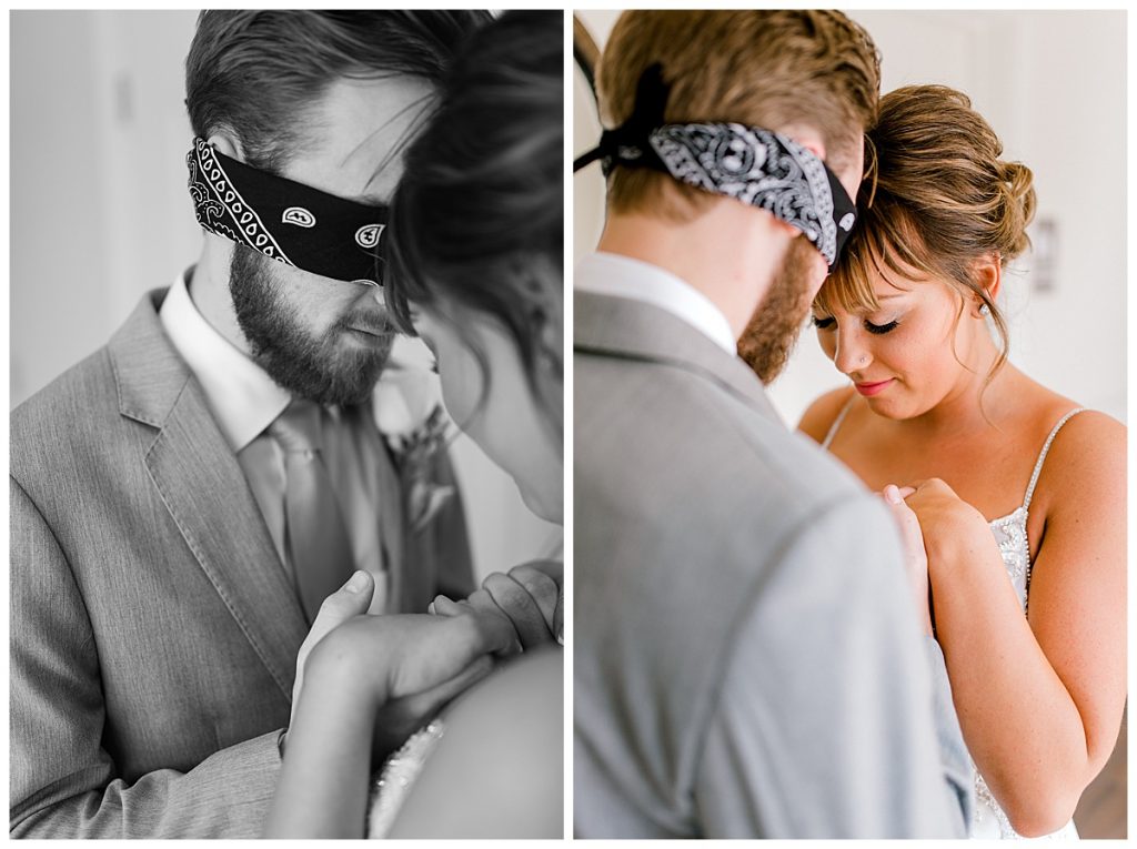 Blindfolded groom prays with bride before first look