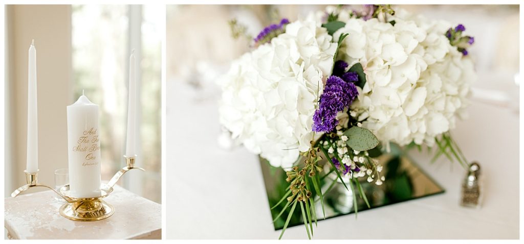 purple and white wedding centerpiece & Unity candle