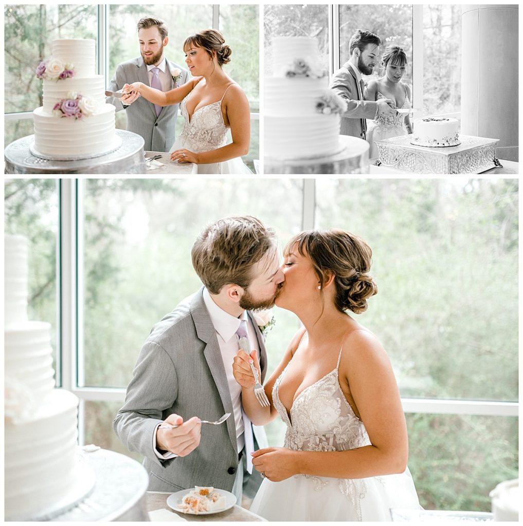 Bride and groom cut cake and kiss