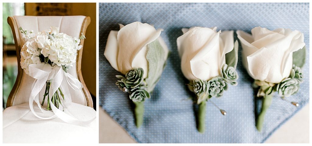 White bridal bouquet and boutonniers