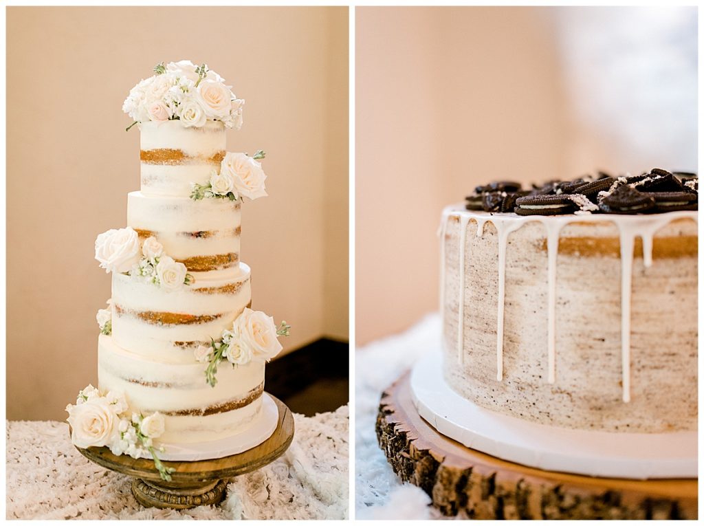 Shaved 4 tiered wedding cake with florals & Oreos