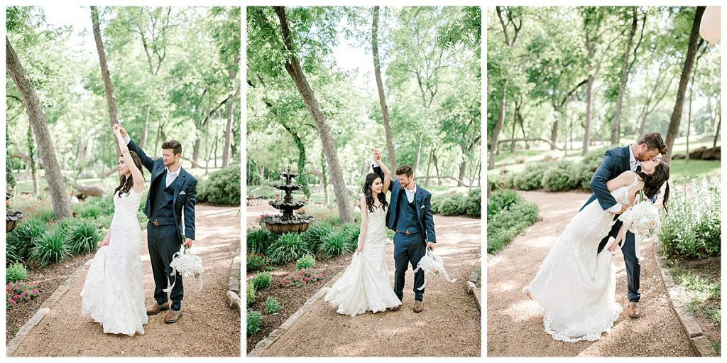 Bride and groom dance and kiss on tree lined path