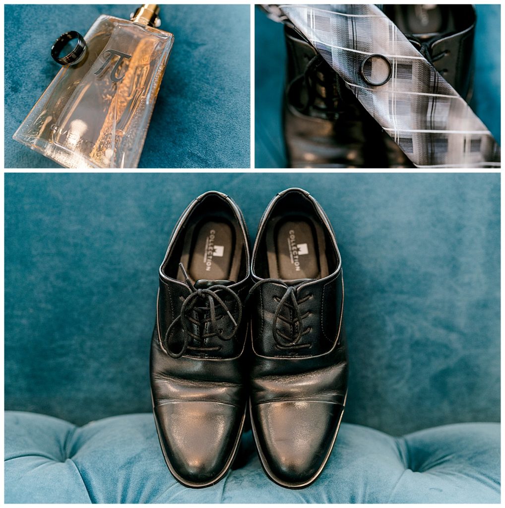 Groom details- cologne, tie, ring, shoes