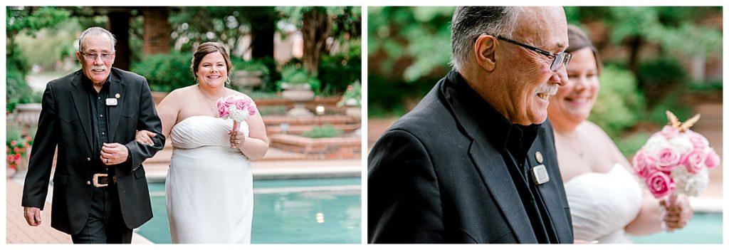 Bride smiling walking down aisle with father at Clark Gardens wedding venue