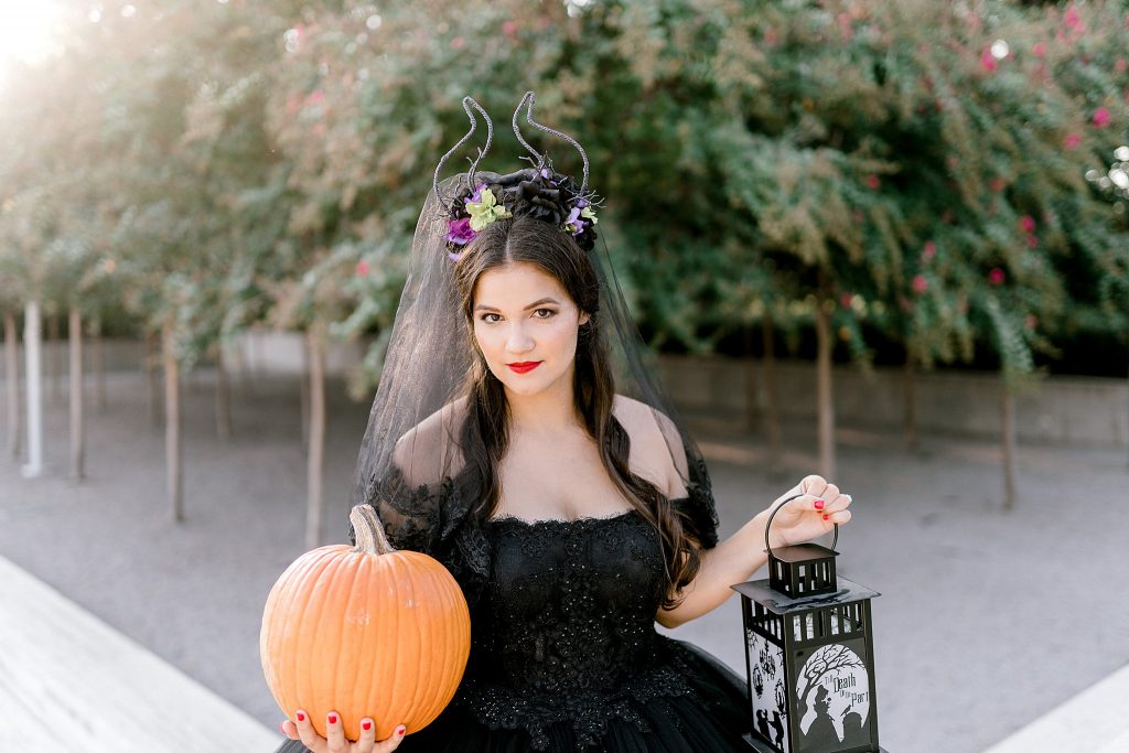  Disney bride, Maleficent bride in black gown holding pumpkin and lantern, Fort Worth bridal session 
