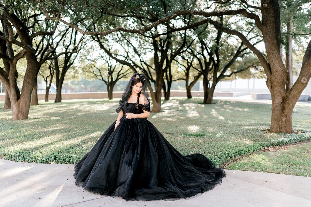 Gothic Malifecnt bride in black wedding ballgown in Fort Worth bridal session 