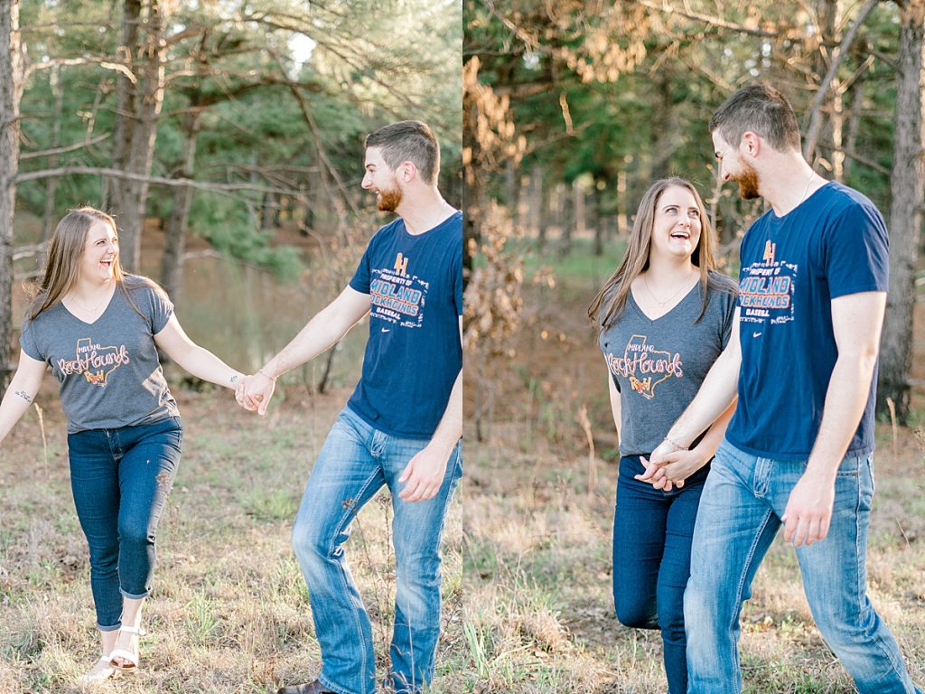 Couple laughing and walking at Wildcatter Ranch for engagement session
