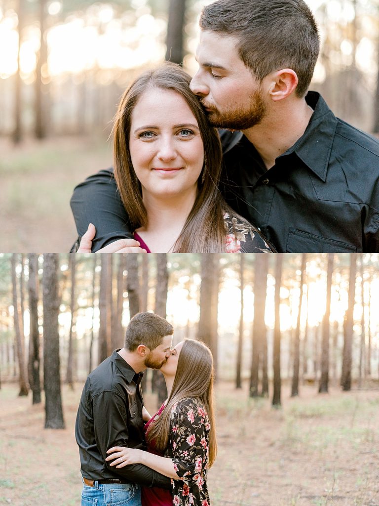 Couple kissing in woods at Wildcatter Ranch engagement