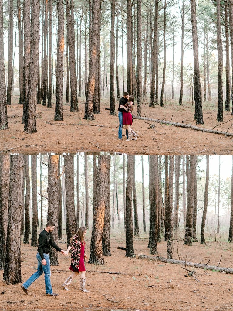 Couple walking and kissing in woodsy engagement session at Wildcatter Ranch 
