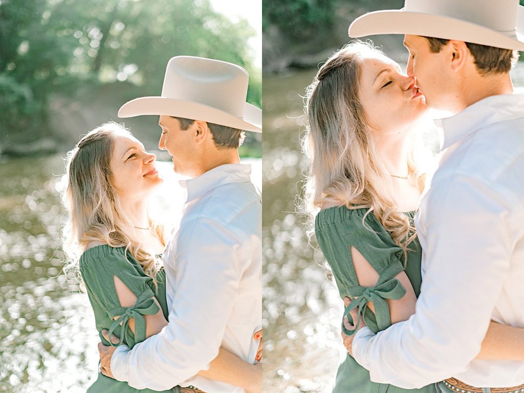 Couple kissing in sunlight at Hamilton engagement session 