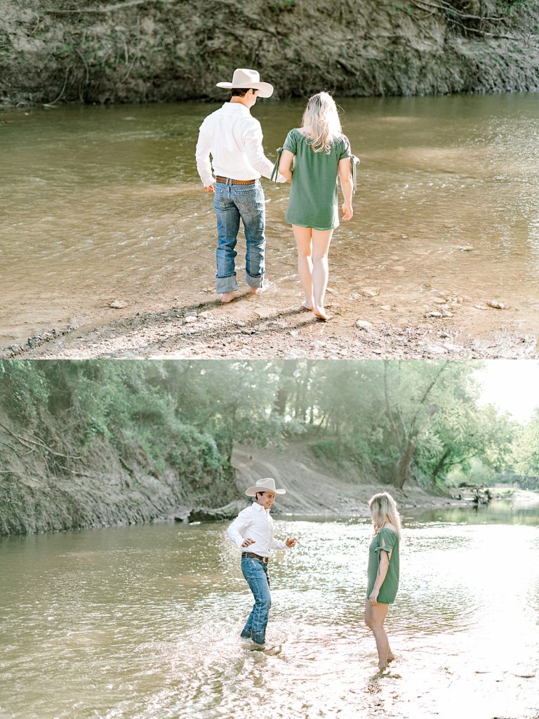 Couple walking and playing in creek bed at Five Oaks Farm