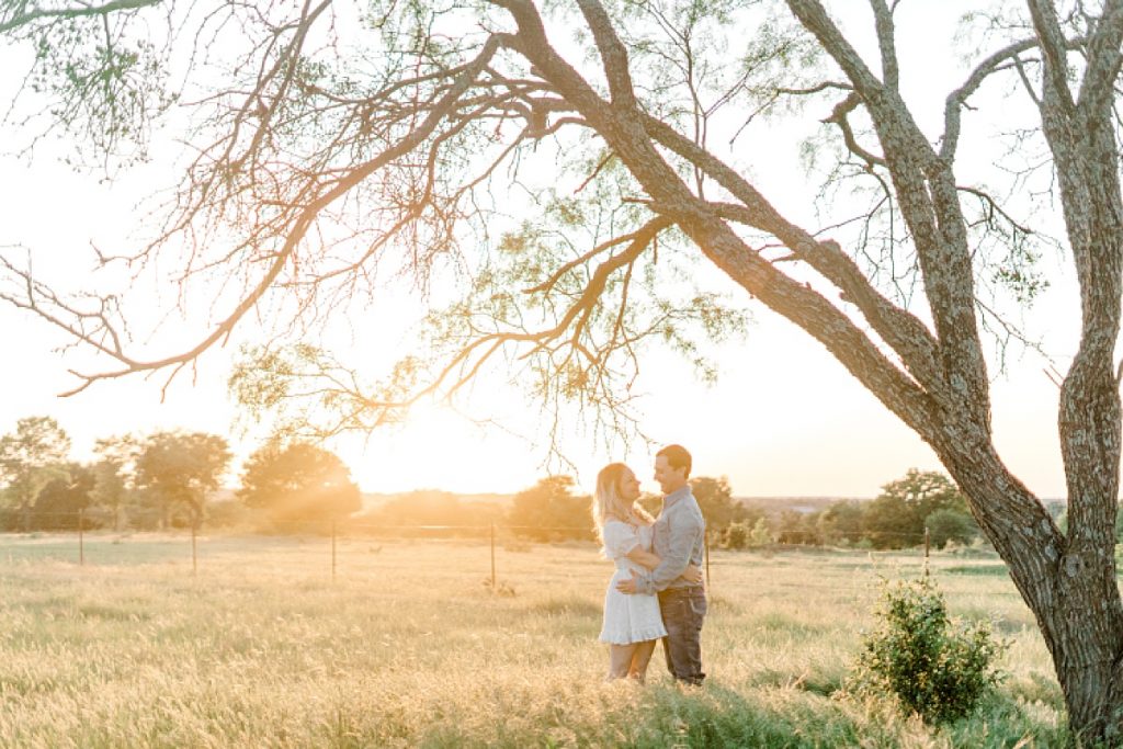 Guy and girl embracing under tree in golden hour