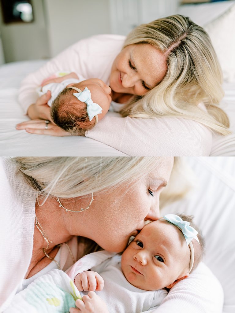 Baby cradled and kissed by mother in Fort Worth Lifestyle Newborn Family Session| Sabel Moments Photography 