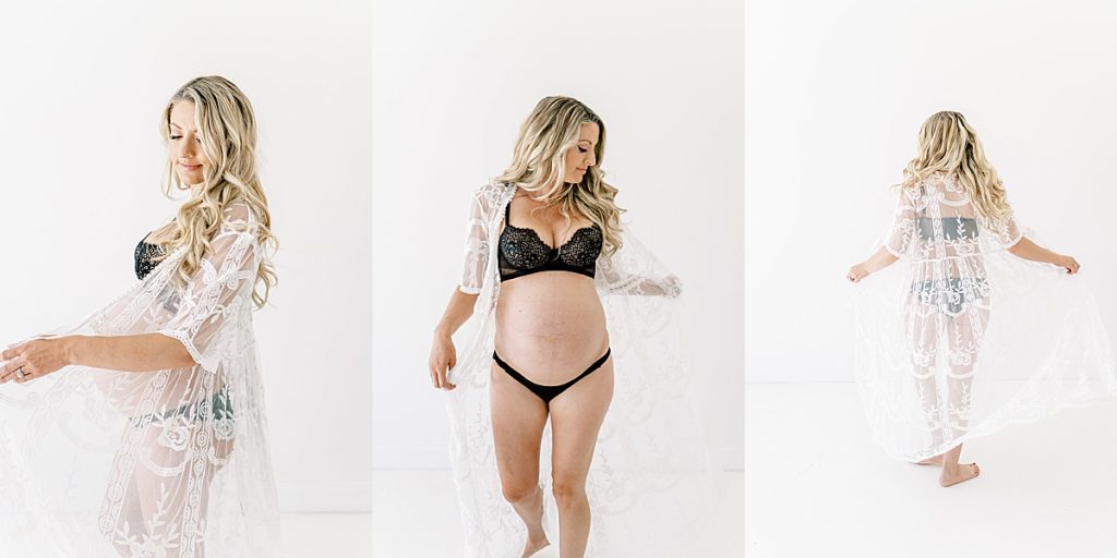 Pregnant woman spins in lacy lingerie shaw in maternity session
