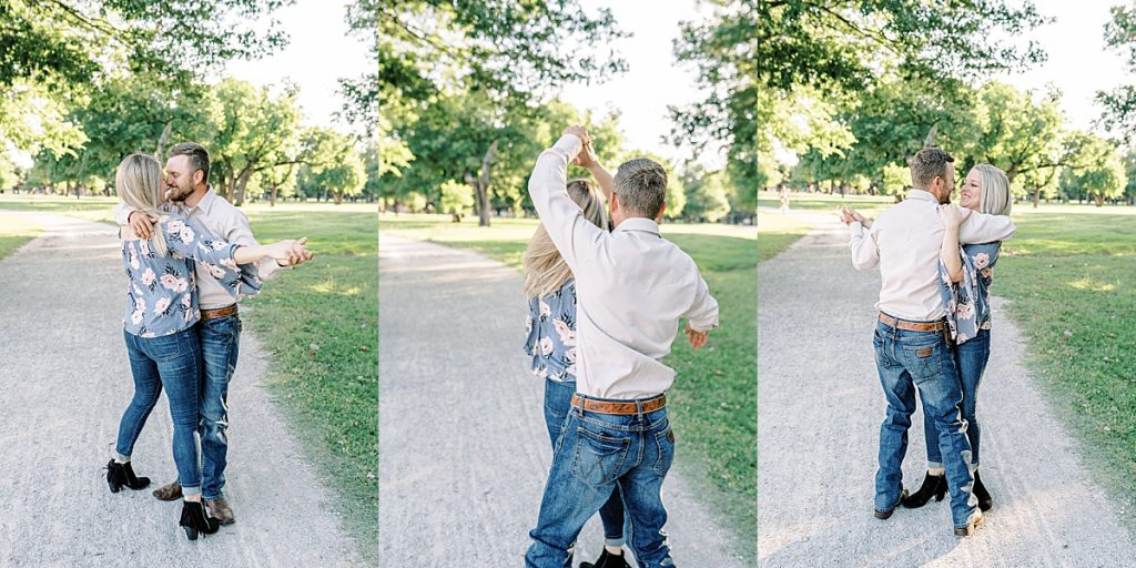 Couple dancing on gravel road in Trinity Park engagement session