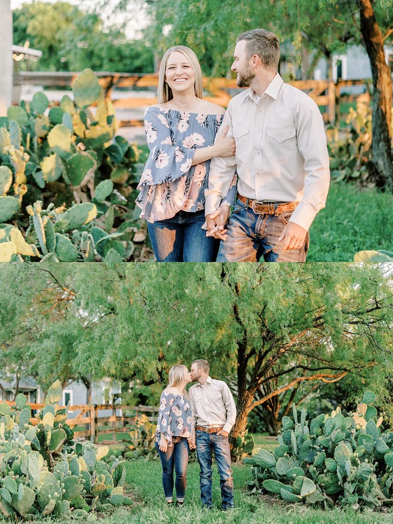 Engaged couple laughing and kissing in cacti field in Fort Worth Trinity Park Stockyard engagement
