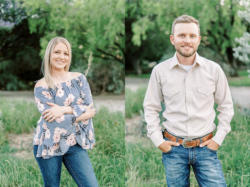 Individual portraits of engaged couple in field