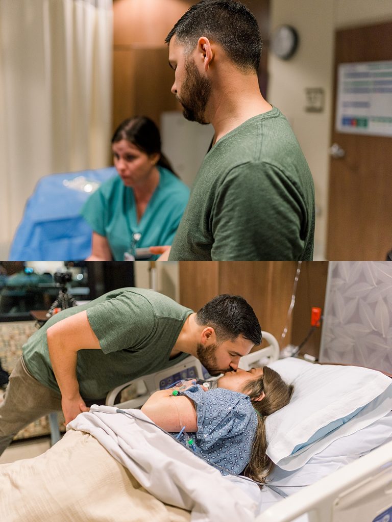 Husband consoling wife through contractions during her Texas Health Natural Birth