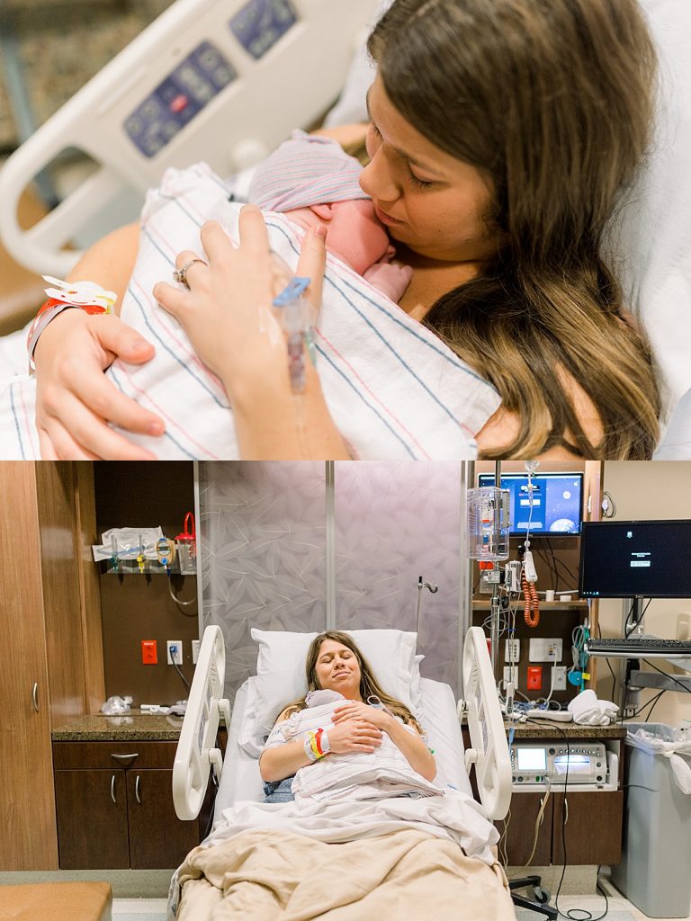 Mom cuddling with baby after birth