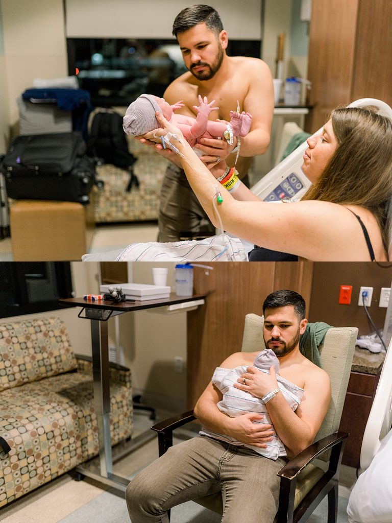Father doing immediate skin to skin with newborn baby after his Texas Health Natural Birth