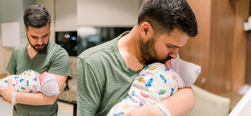 Father holding and kissing newborn baby after his Texas Health Natural Birth
