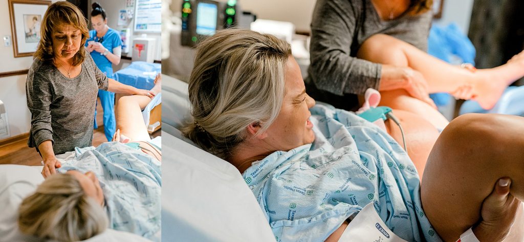 Mother comforting woman through labor and delivery in Texas Health Harris Methodist Hospital natural birth