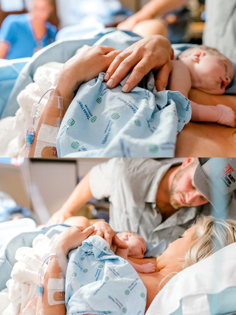 Mother and father swooning over newborn baby