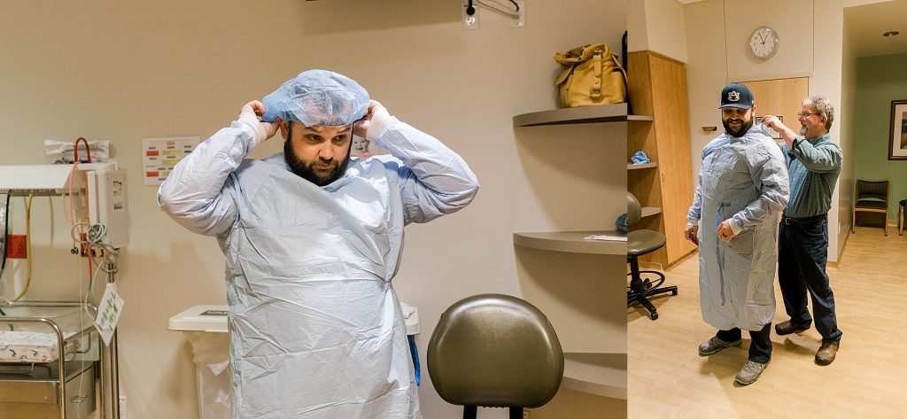 Father prepping for c-section delivery