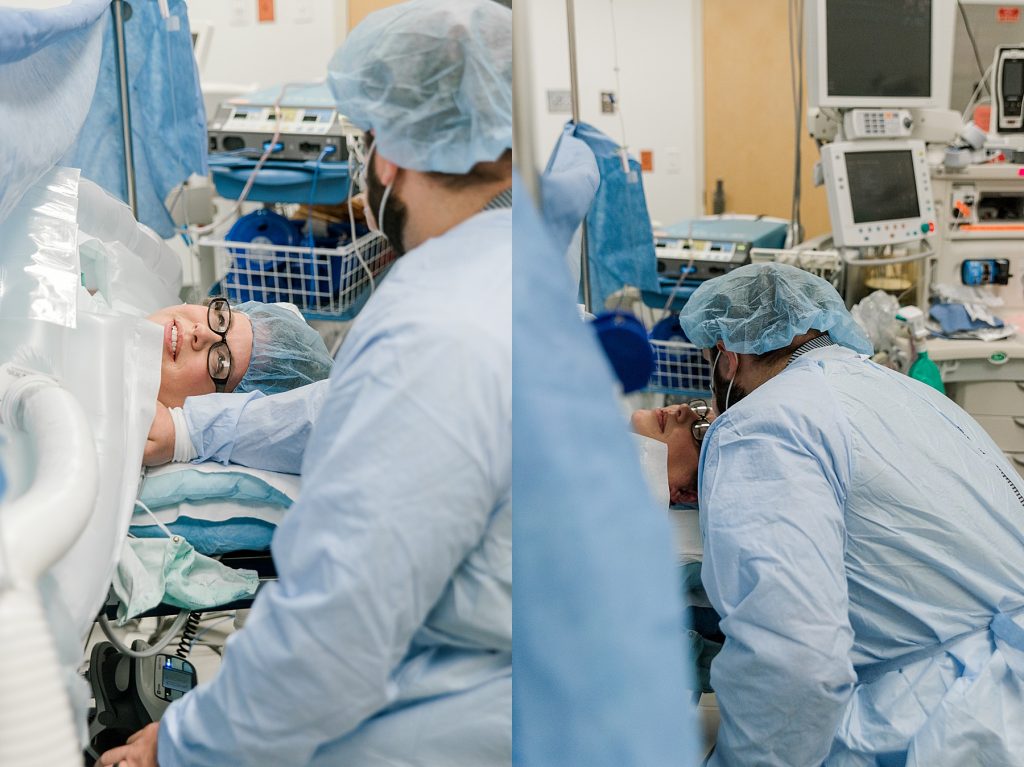 Husband kissing wife after c-section