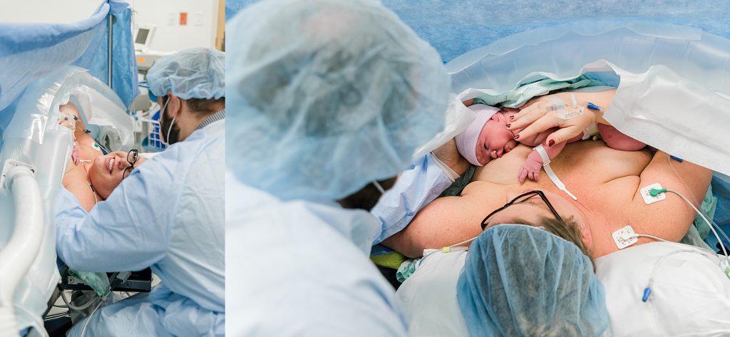 Mother holding newborn for first time after delivery